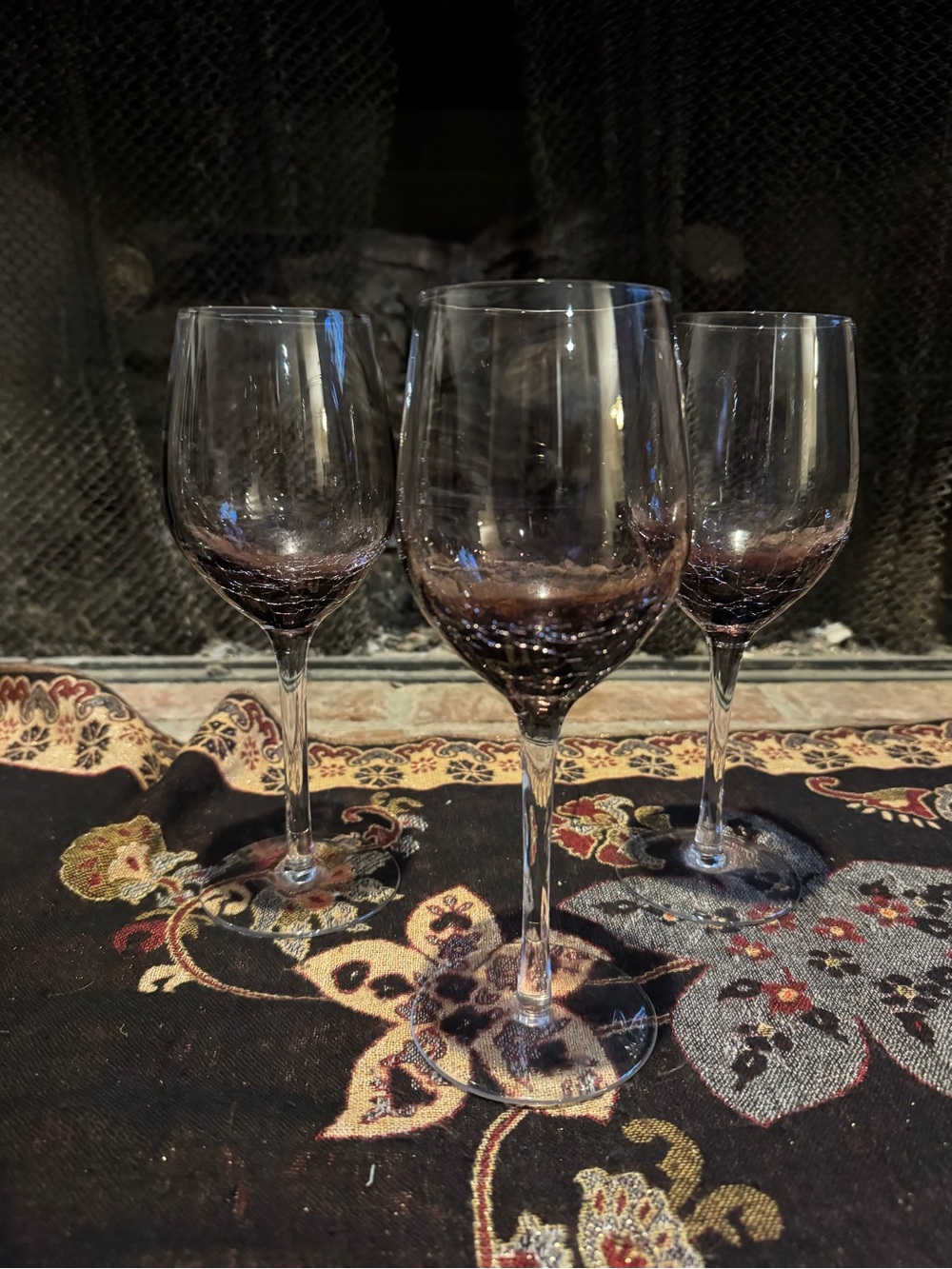 Pier 1 Imports Purple Crackle Wine Glasses Amethyst Hand Blown Clear Stem
